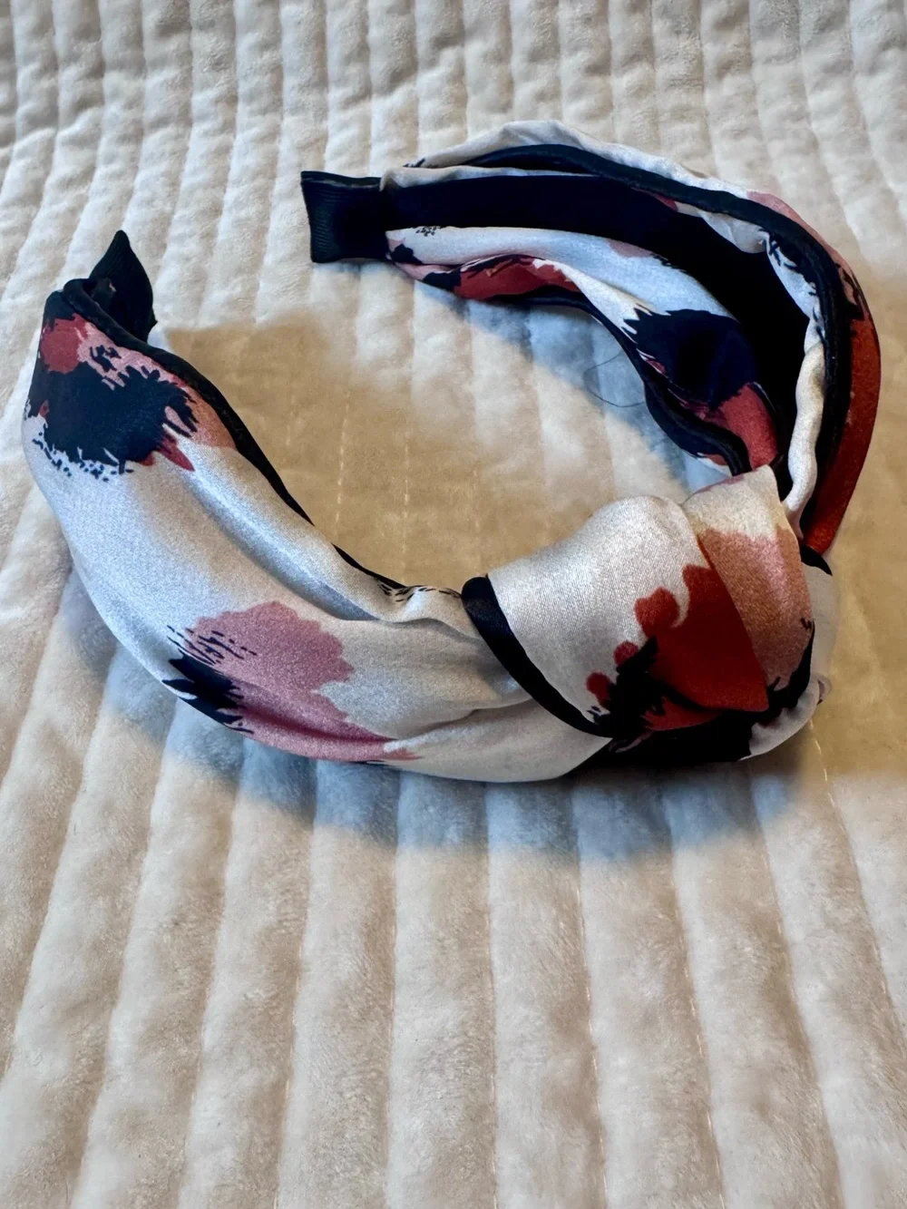Silky Knot Headband in White with Pink and Rust Spots